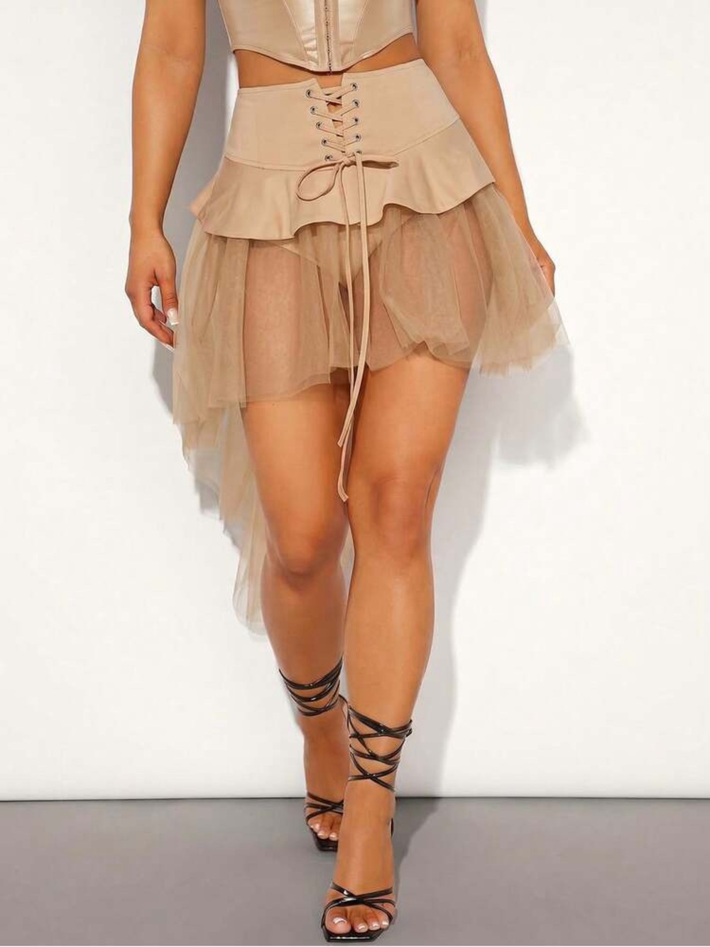 High-Low Tulle Layered Skirt in Tan M